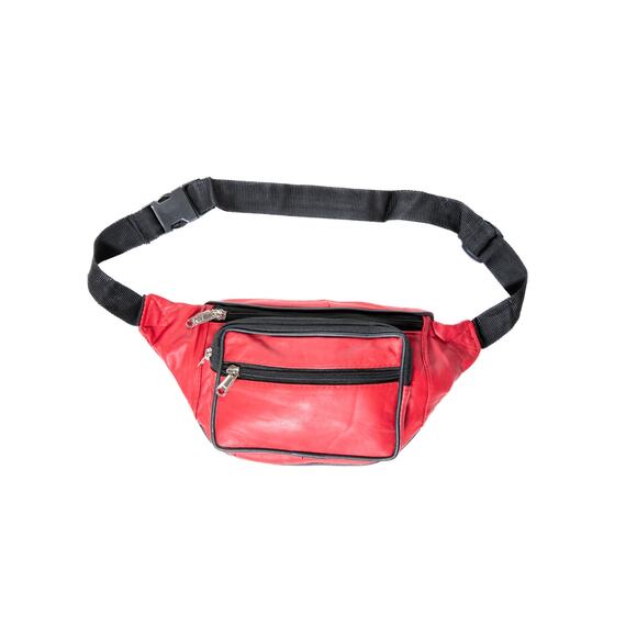 Red Leather Fanny Pack Adjustable Strap, Waist Bag with Multiple Zipper Pockets - Picture 1 of 4